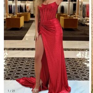 Red Strapless Corset Evening Gown with High Slit